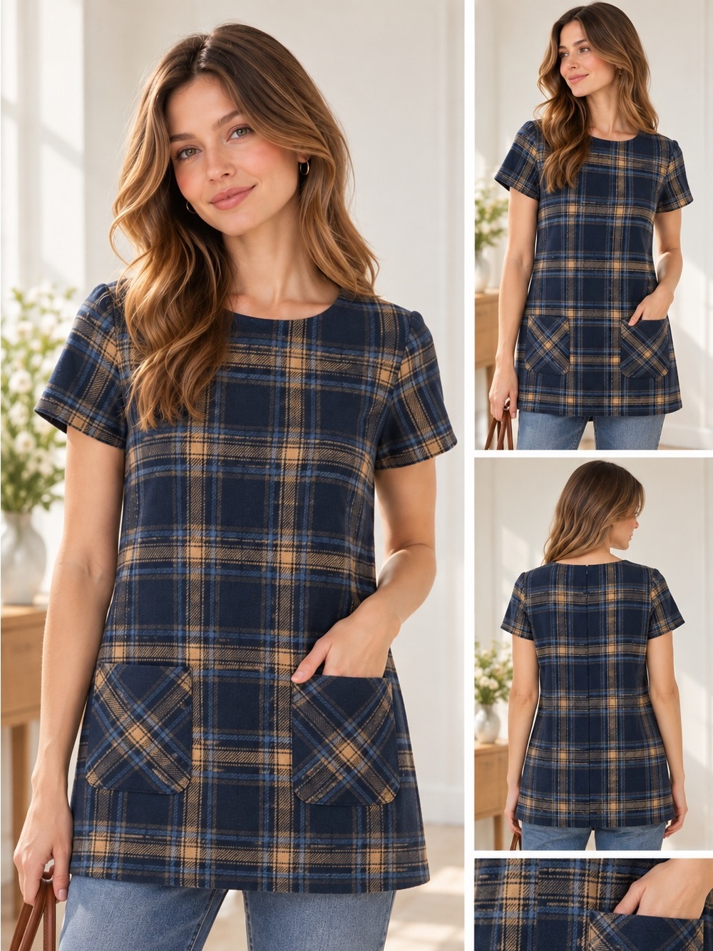 Women’s Navy Blue Plaid Tunic Top with Pockets, Short Sleeve Longline Blouse, Ca